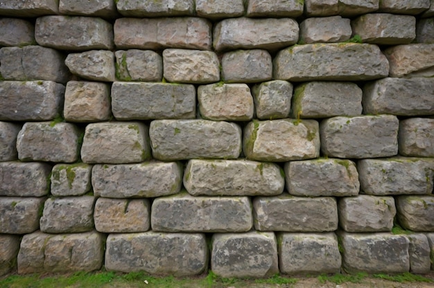 Photo a large stone wall made of stones with moss on the top