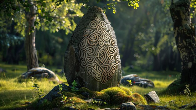 Photo a large stone with celtic knotwork carvings stands in a mossy clearing in a forest