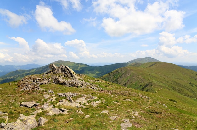 Large stones on summer mountain ridge (Ukraine, Carpathian Mountains)