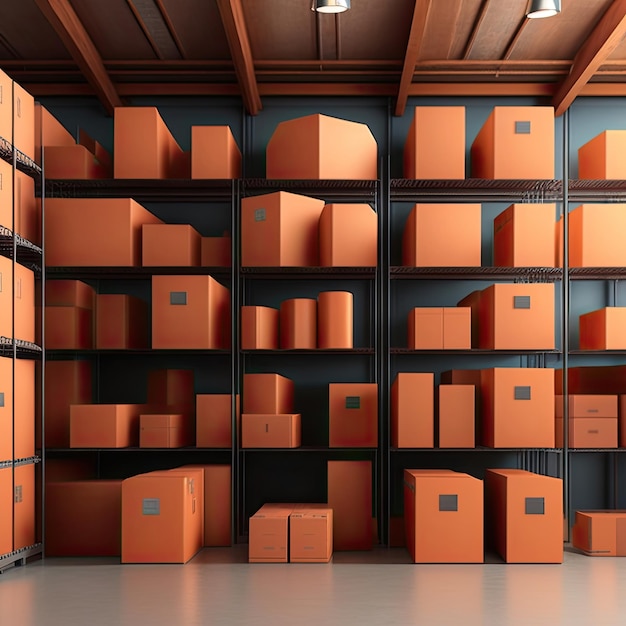 A large storage room with orange cardboard boxes on the shelves