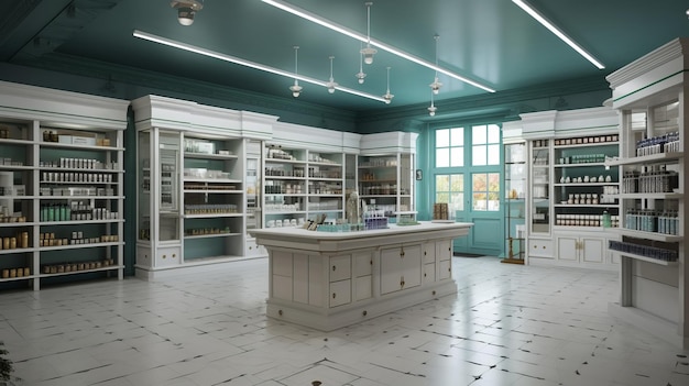 A large store with a green ceiling and a blue ceiling