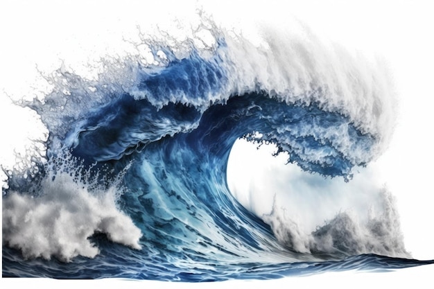 Large stormy sea wave in deep blue isolated on white Generative AI