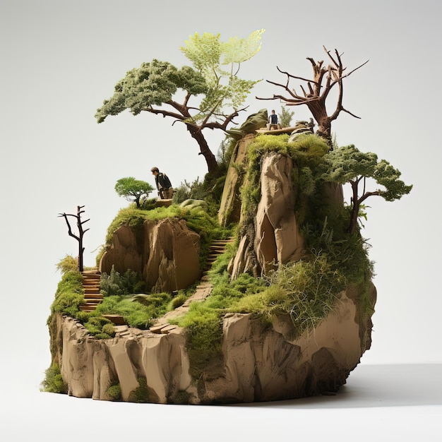 a large stump on a rock with ferns and tree in the style of hyperrealistic details