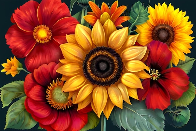 A large sunflower surrounded by other flowers Bouquet of flowers