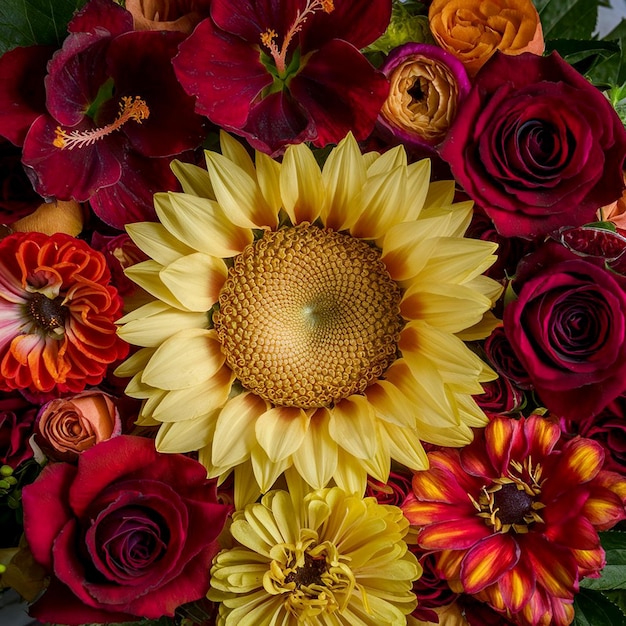 A large sunflower surrounded by other flowers Bouquet of flowers