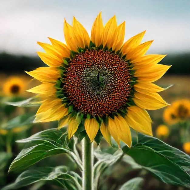 a large sunflower with a green center and a blue sky behind it