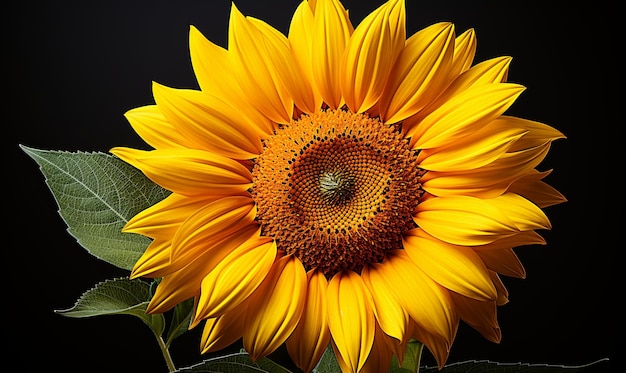 Large Sunflower With Green Leaves on Black Background