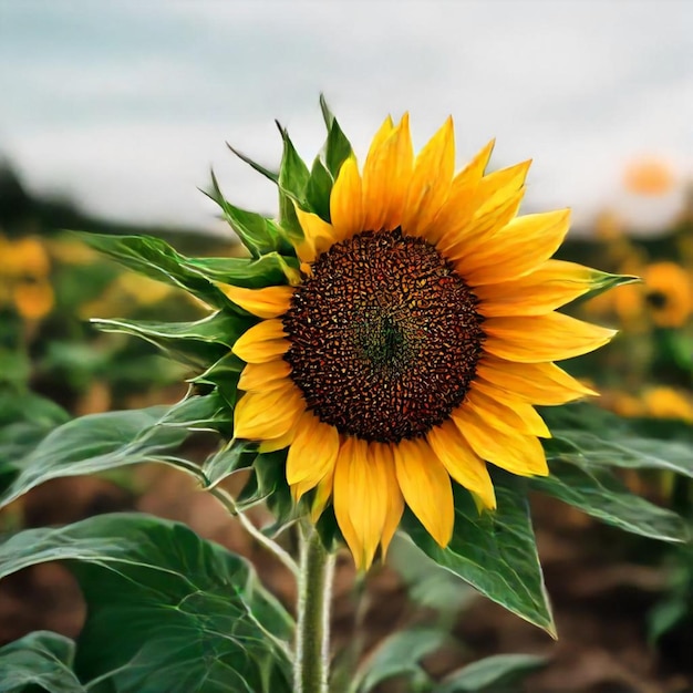 a large sunflower with a green stem and a large flower in the middle