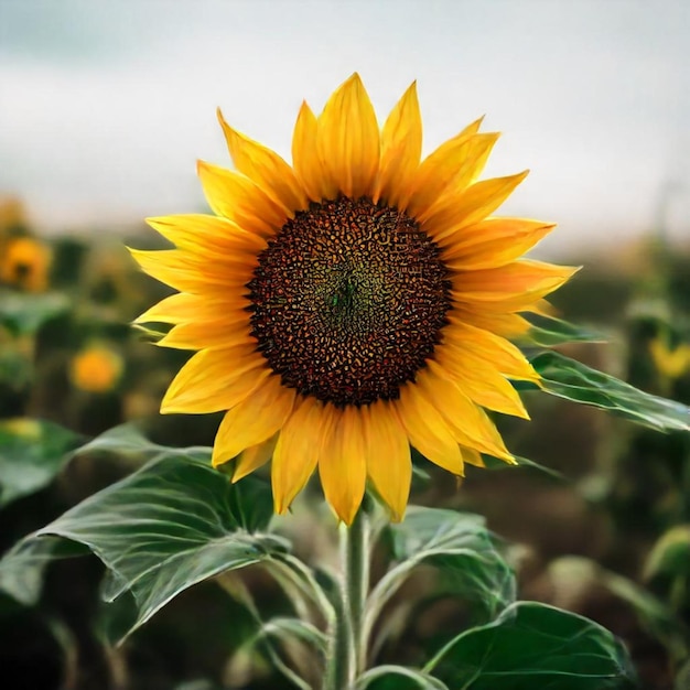 a large sunflower with a green stem and a large green leaf