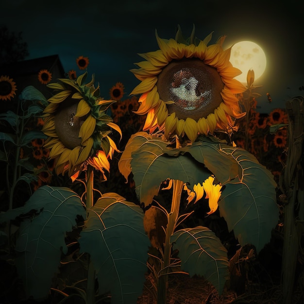 A large sunflower with a woman in the middle of it