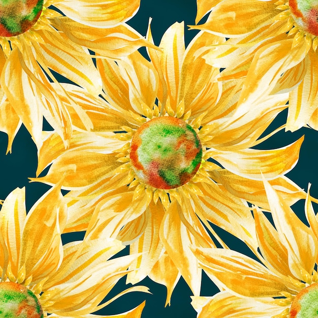 Large sunflowers on a blue background seamless pattern