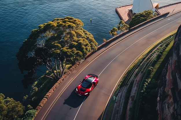 a large supercar diving on a winding roadsydney