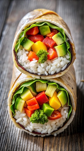 A large sushi burrito filled with rice fish avocado and vegetables