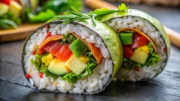 A large sushi burrito filled with rice fish avocado and vegetables