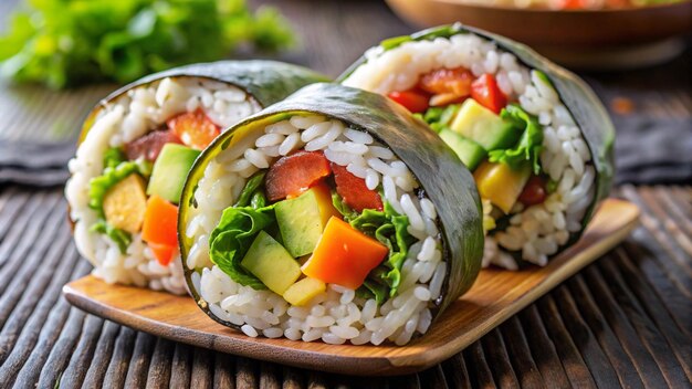 Photo a large sushi burrito filled with rice fish avocado and vegetables