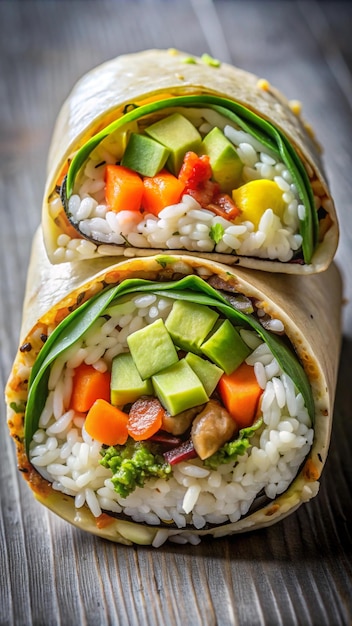 A large sushi burrito filled with rice fish avocado and vegetables