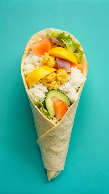 A large sushi burrito filled with rice fish avocado and vegetables