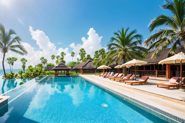 a large swimming pool surrounded by palm trees