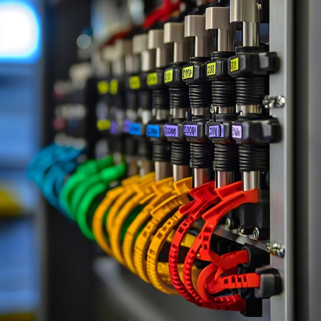 a large system of multi colored cords with a rainbow colored cable