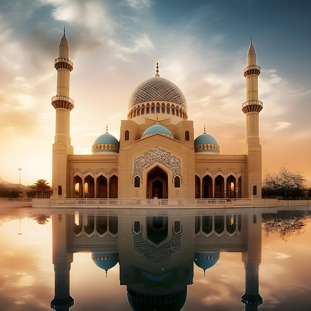 A large tan building with a blue dome and a cloudy sky.