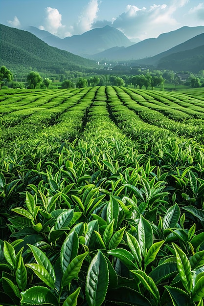 A large tea plantation in China with green tea trees