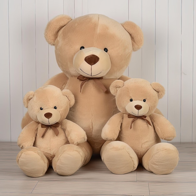 A large teddy bear and two smaller teddy bears sit on the floor.