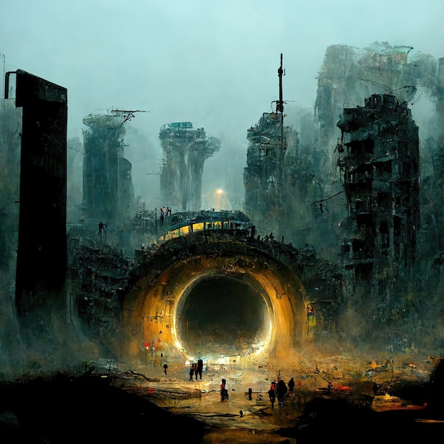 A large teleport portal in the middle of a city destroyed by the apocalypse 3d illustration