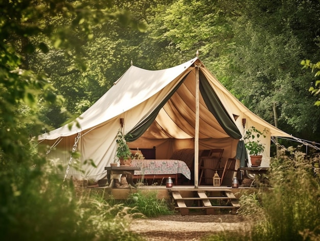 A large tent in the woods with a table and chairs and a sign that says'camping '