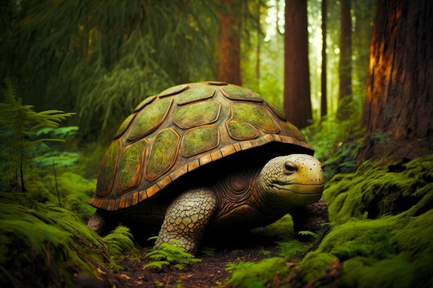 Large tortoise walking through forest filled with lush green plants Generative AI