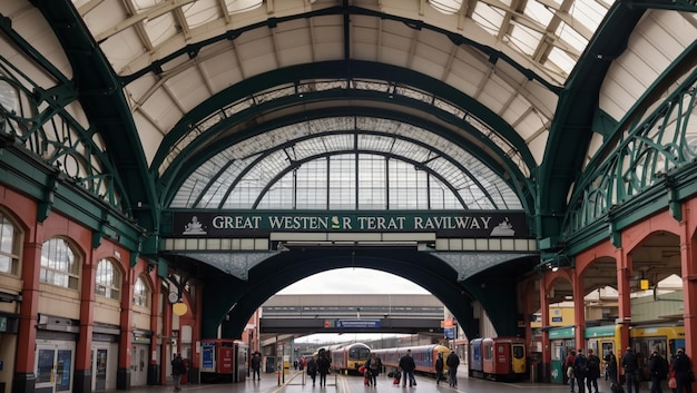 large train station with a vaulted glass ceiling and people walking around