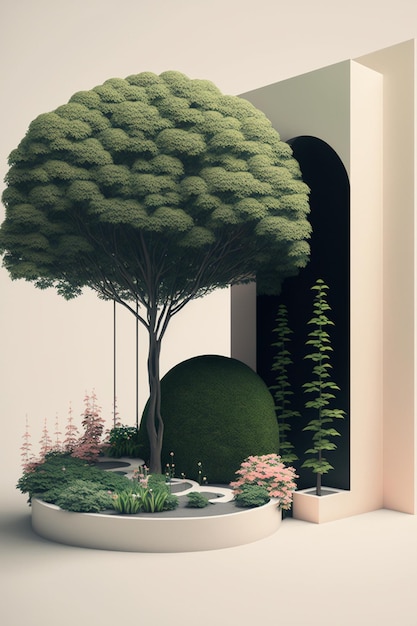 Large tree sitting in the middle of a garden generative ai