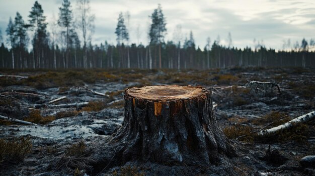 Photo a large tree stump sits in a field of dead trees