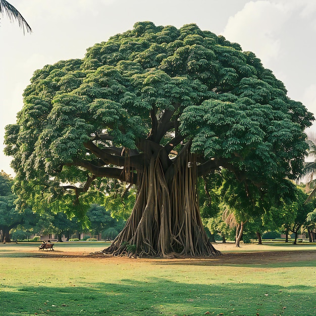 a large tree with a bench underneath it and a bench in the middle of it