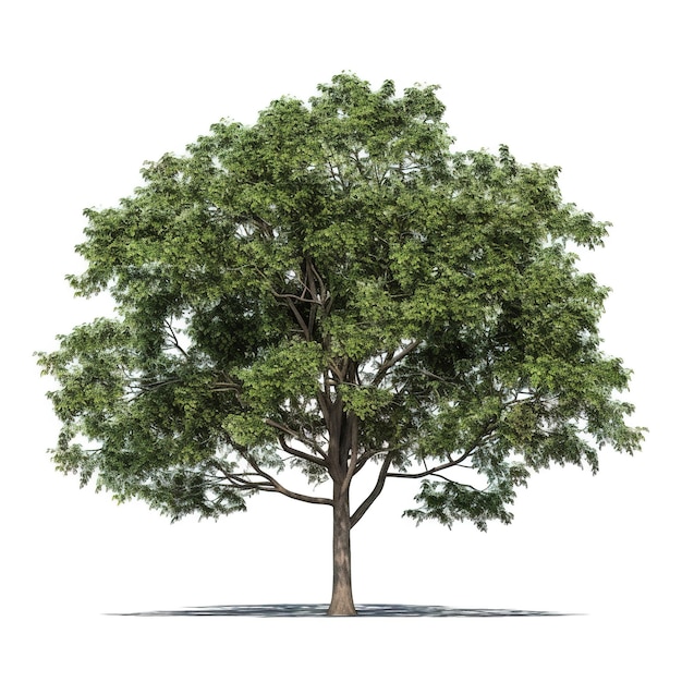 A large tree with green leaves and a white background