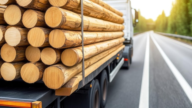 Photo a large truck carries a heavy load of timber along a scenic highway bordered by lush green trees on a sunny day