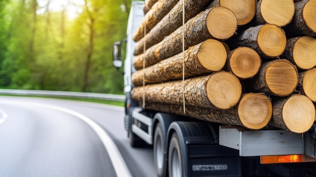 Photo a large truck carries a heavy load of timber along a scenic highway bordered by lush green trees on a sunny day