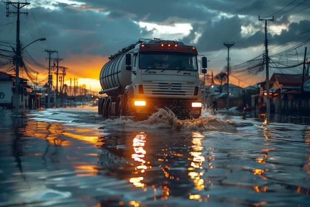 a large truck drives through a flooded street