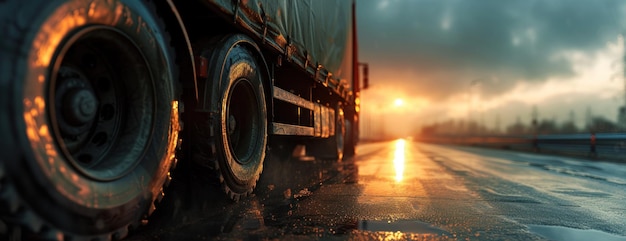 Large Truck Driving Down Snow Covered Road