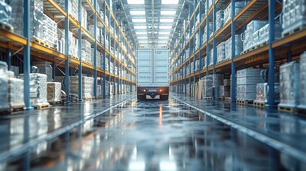 Photo a large truck is driving down a long empty warehouse aisle