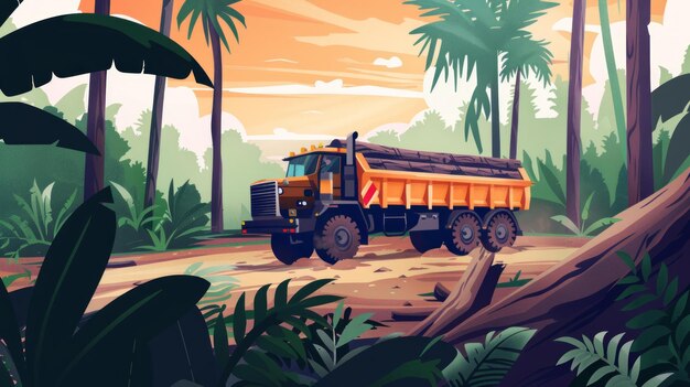 A large truck transports logs through a lush tropical forest