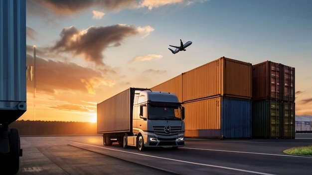 Photo a large truck with a plane flying in the background