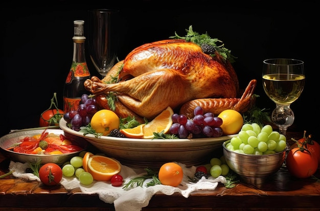 a large turkey with side dishes and fruits in the style of soft edges and blurred details