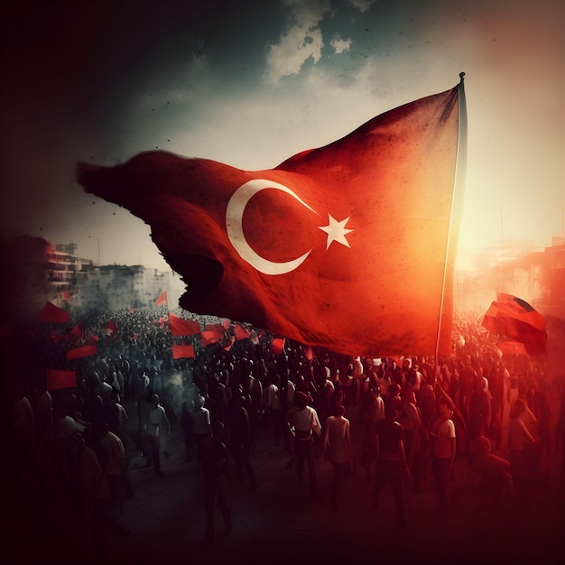 A large turkish flag is being held in a crowd.