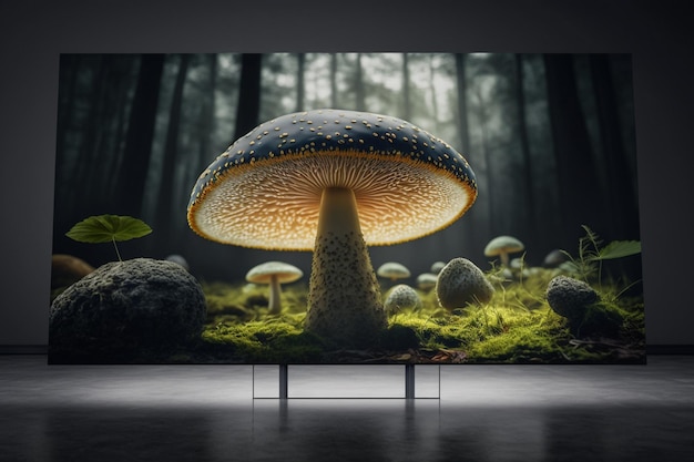 A large tv screen with a mushroom on it with a forest background.