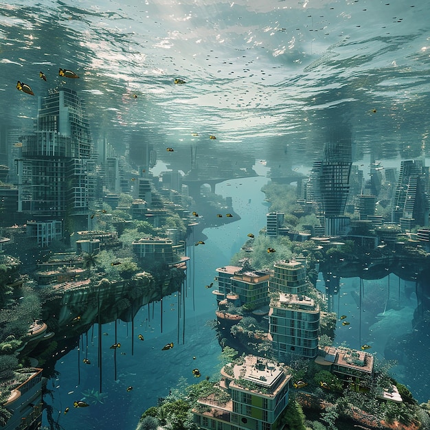 a large underwater city is surrounded by a large amount of fish swimming around