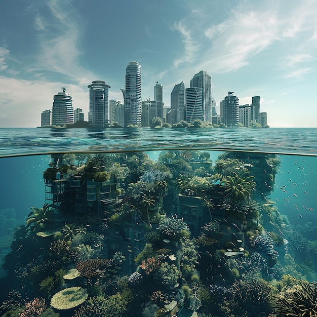 Photo a large underwater city is surrounded by a large amount of fish