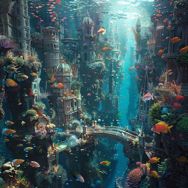 Photo a large underwater exhibit with a bridge and fish swimming in the water