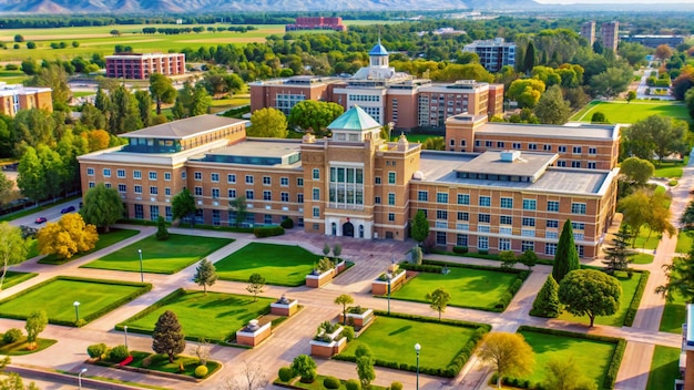 a large university building with a green roof and a building with a green dome on the top