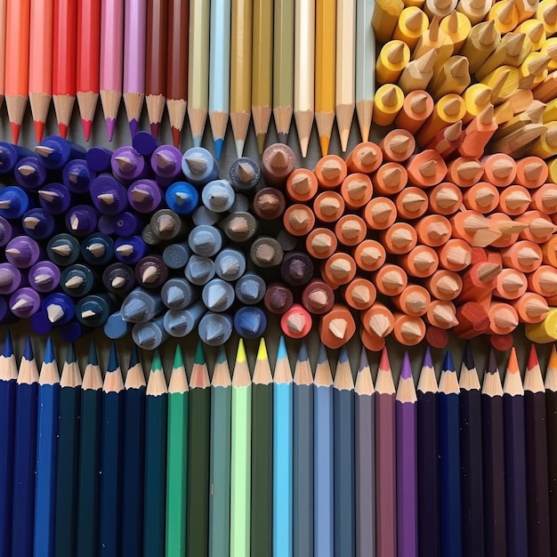 Photo a large variety of colored pencils are arranged in a row