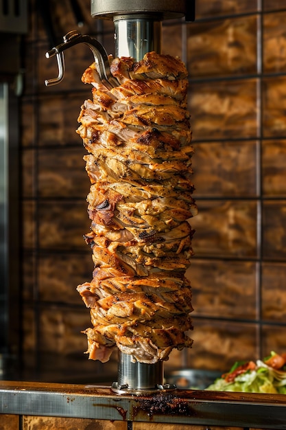 Photo a large vertical shawarma meat on the cooking machine